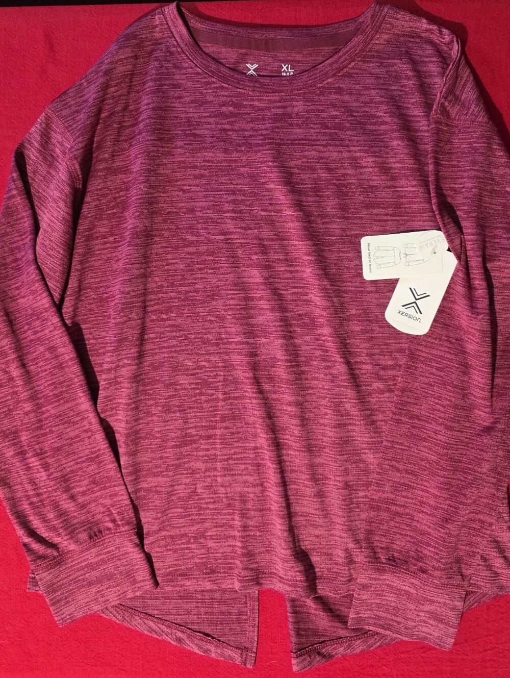 Xersion Heathered Magenta Crewneck Shirt, Split Back Tie Design- Pink
